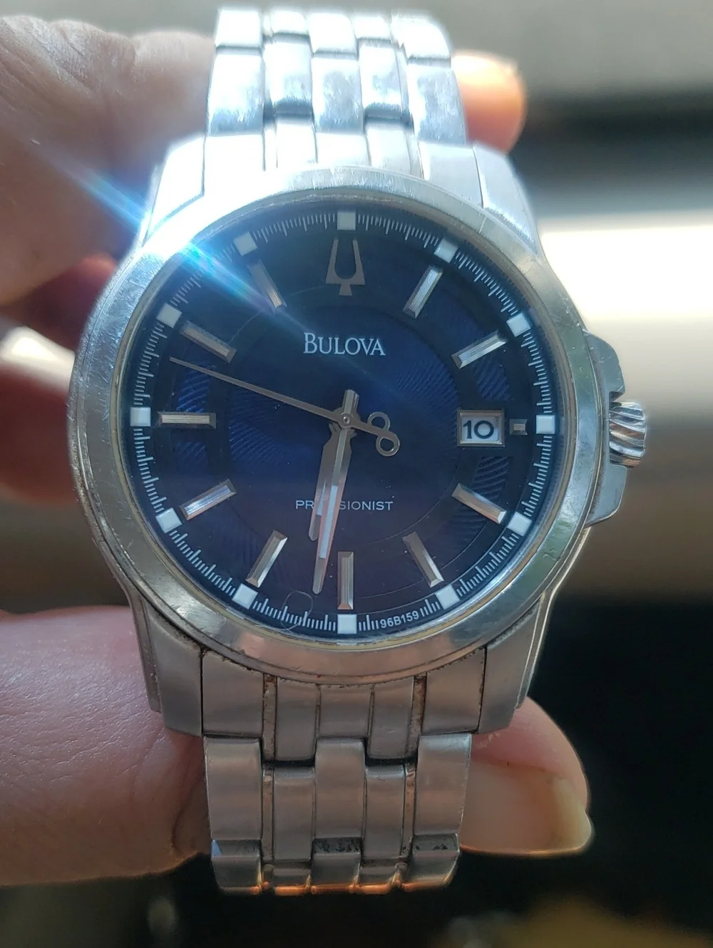 Bulova Silver Stainless Steel Watch with Blue Dial